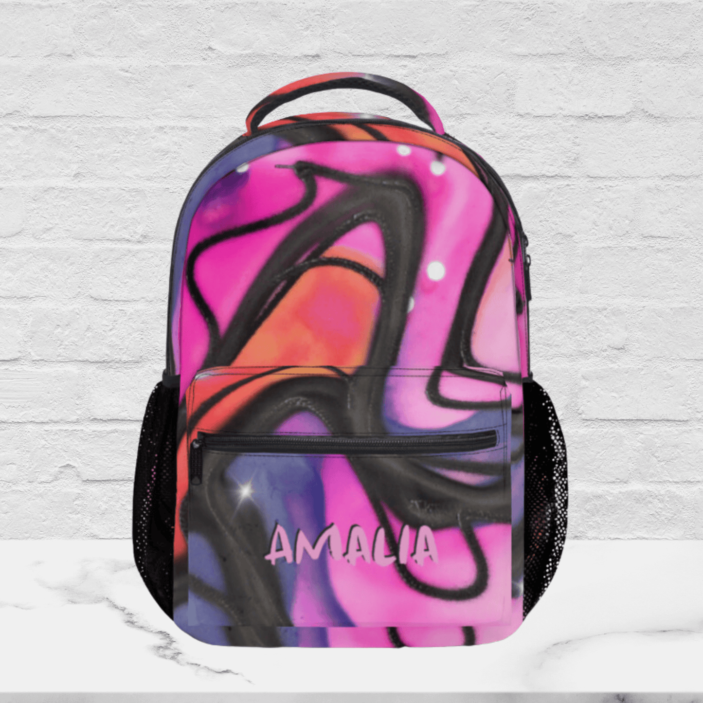 OUr colorful pink backpack can have your name added in pink on the exterior pocket.