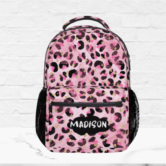Our pink leopard print backpack makes the perfect personal item carry on bag for hands free travel or a large school backpack. 