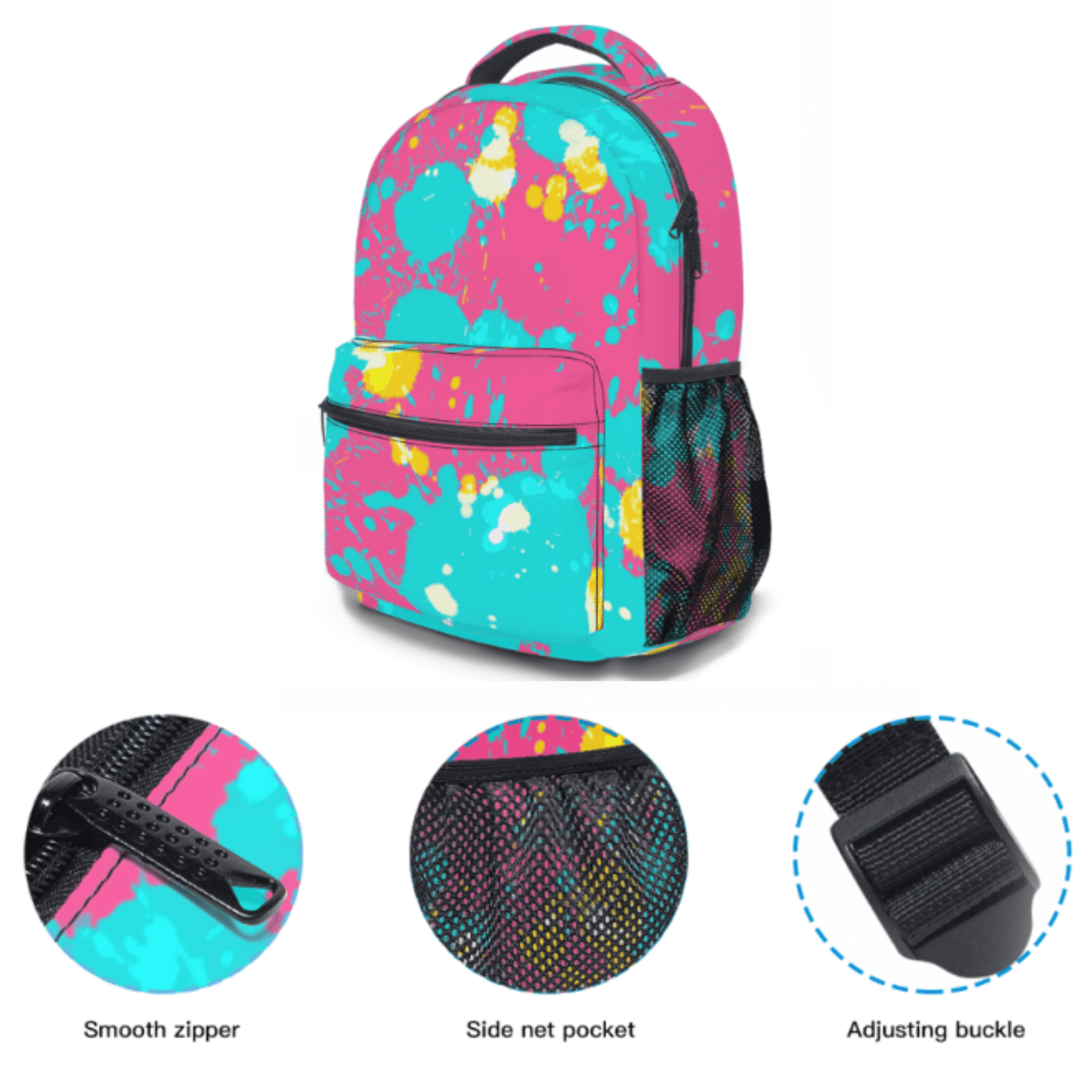 The perfect carry on bag for kids personal items shows a smooth zipper and adjusting buckle.