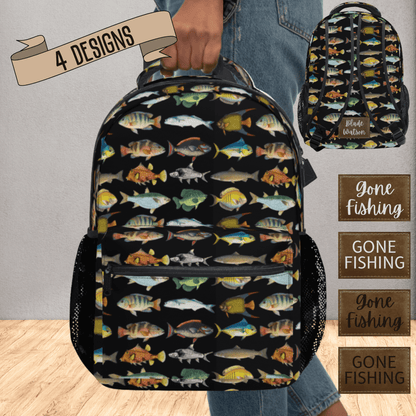 Custom Name Travel Bag Personalized Fishing Backpack Boys Youth Students Colorful Fish Pattern Multiple Pockets Laptop Storage Compartment Durable Construction Outdoor Adventure Essential School Supplies Carrier Marine Life Design