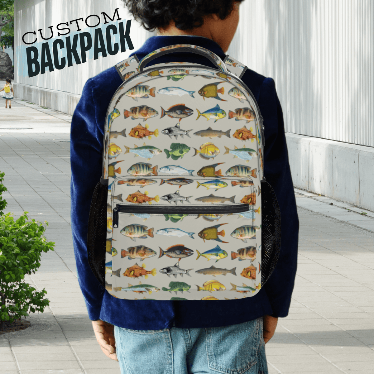 Fishing Backpack Custom Name Design Outdoor Adventure Bag Boys Youth Travel Essential Colorful Fish Species Pattern Multiple Storage Pockets Laptop Compartment School Supplies Carrier Durable Polyester Material Comfortable Handle Fish School Bag for Books and essentials Travel Bag Boy