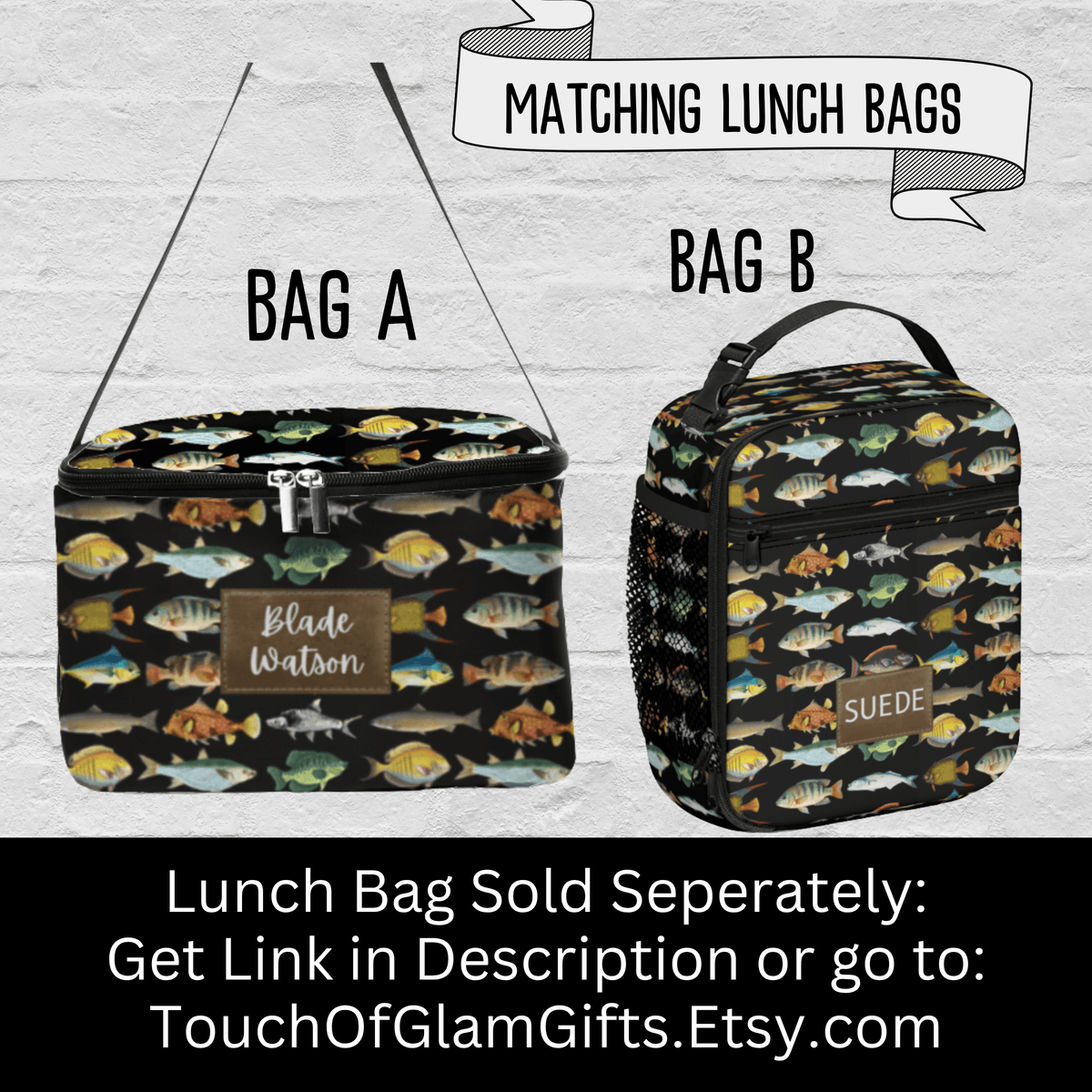 Matching Fish Lunch Bag available Custom Name Travel Bag Personalized Fishing Backpack Boys Youth Students Colorful Fish Pattern Multiple Pockets Laptop Storage Compartment Durable Construction Outdoor Adventure Essential School Supplies Carrier Marine Life Design