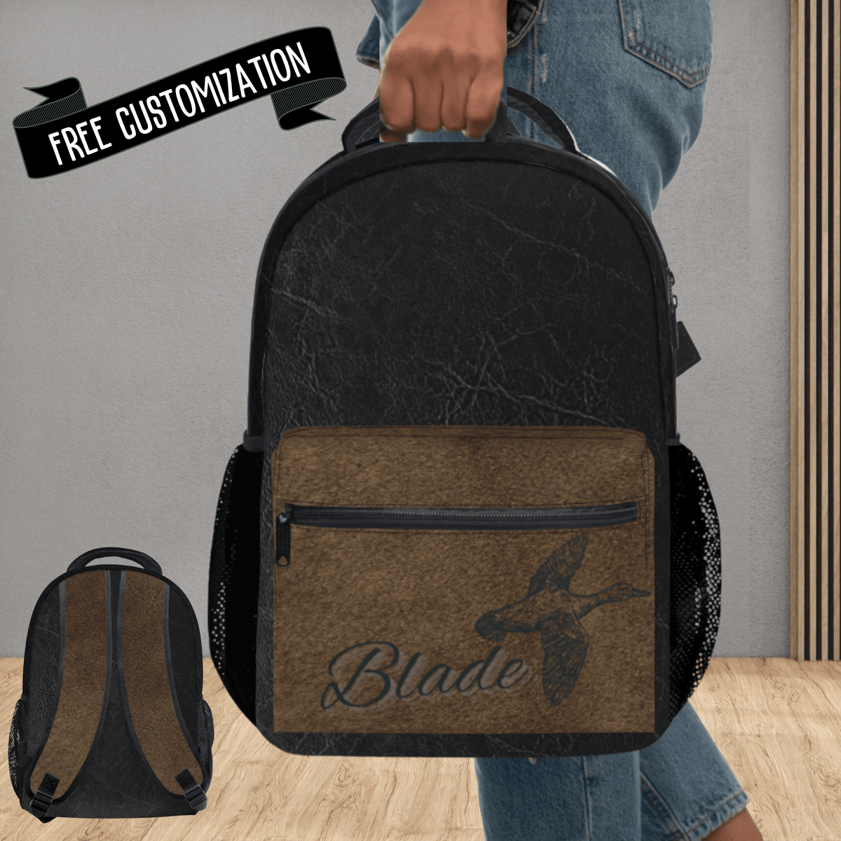 Custom Name School Bag Boys Hunting Theme Backpack Duck Hunting Design Black Brown Color Scheme Outdoor Adventure Bag Perfect Gift Young Hunters Multiple Storage Compartments Zippered Pockets Padded Carrying Straps Durable Polyester Material Customizable with Name 