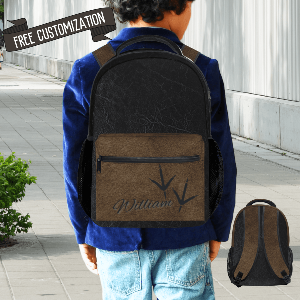Birthday Gift Boys Personalized Turkey Hunting Backpack Custom Name School Bag Deer Antler Design Black Brown Color Multiple Zippered Compartments Storage Pockets Padded Straps Outdoor Adventure Travel Carry Bag Grandson Present Perfect Gift Young Duck Hunter