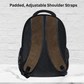 The backside of our masculine backpack has adjustable padded shoulder straps in faux leather brown and the backside is black School bag masculine