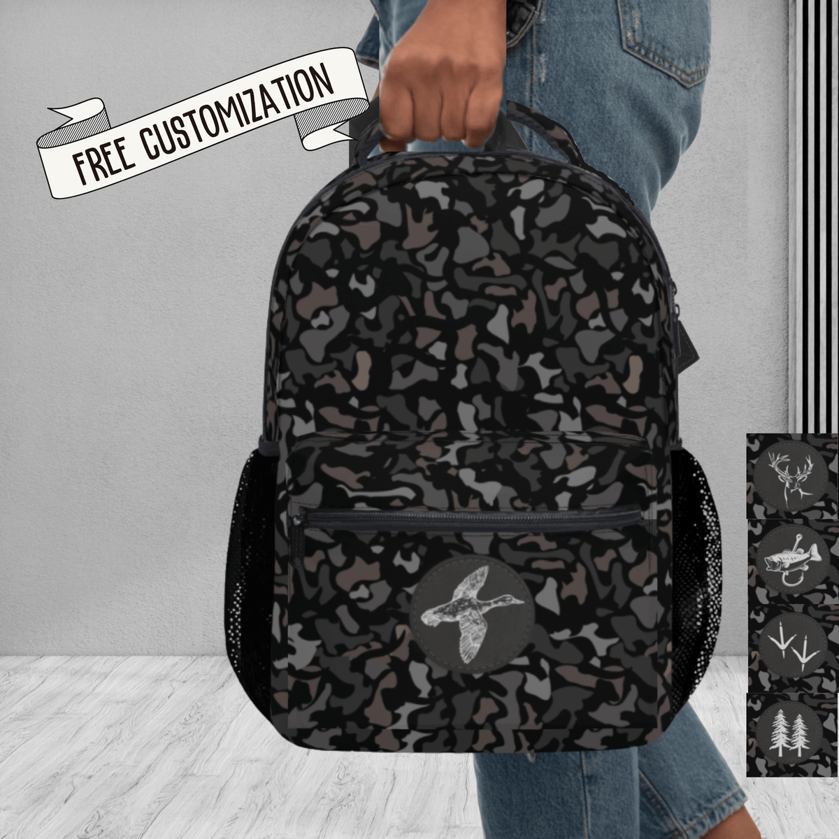 Black Camo Backpack Personalized Boys School Bag Book Bag Custom Name Embroidered Front Design Durable Polyester Material Multiple Storage Compartments Travel Carry On Perfect Gift Back To School Supplies Kids Monogrammed Gear Daily Use Bag Outdoor Kindergarten Boy