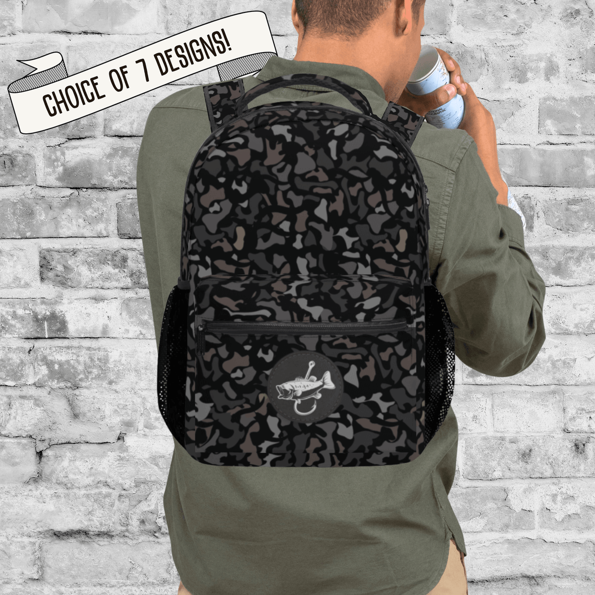 Custom Name Backpack Boys Personalized Black Camo Design School Bag Gift Fish Fisherman Backpack Name Detail Durable Construction Multiple Pockets Storage Travel Carry On Bag Back To School Essential Kids Gear Monogrammed Style Boys Birthday Gift for Kids who love to fish
