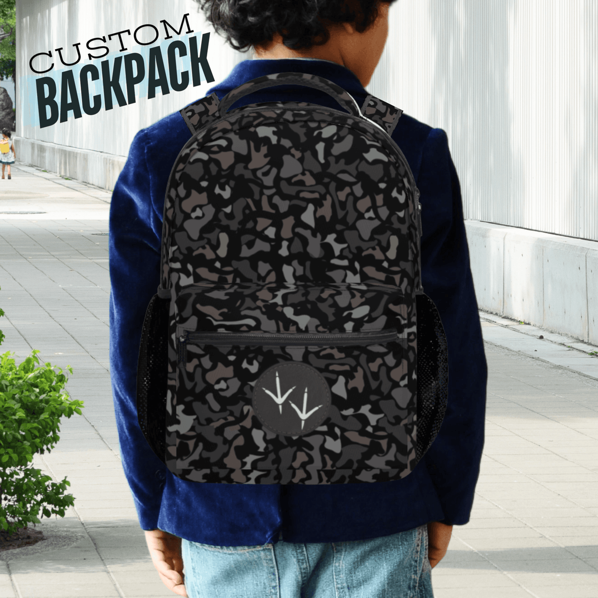Boys Personalized Backpack Custom Name Design Black Camo School Bag Turkey Tracks Hunter Outdoor Kid Detail Multiple Storage Pockets Durable Construction Travel Carry On Bag Perfect Back To School Gift Kids Gear Monogrammed Style Outdoor Activities Daily Use