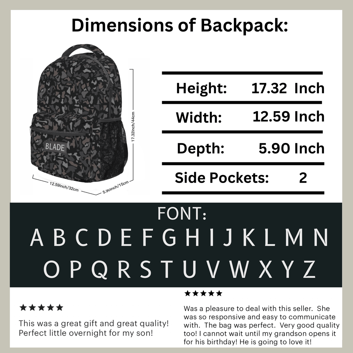 Dimensions of camouflage backpack personalized font alphabet reviews five star
