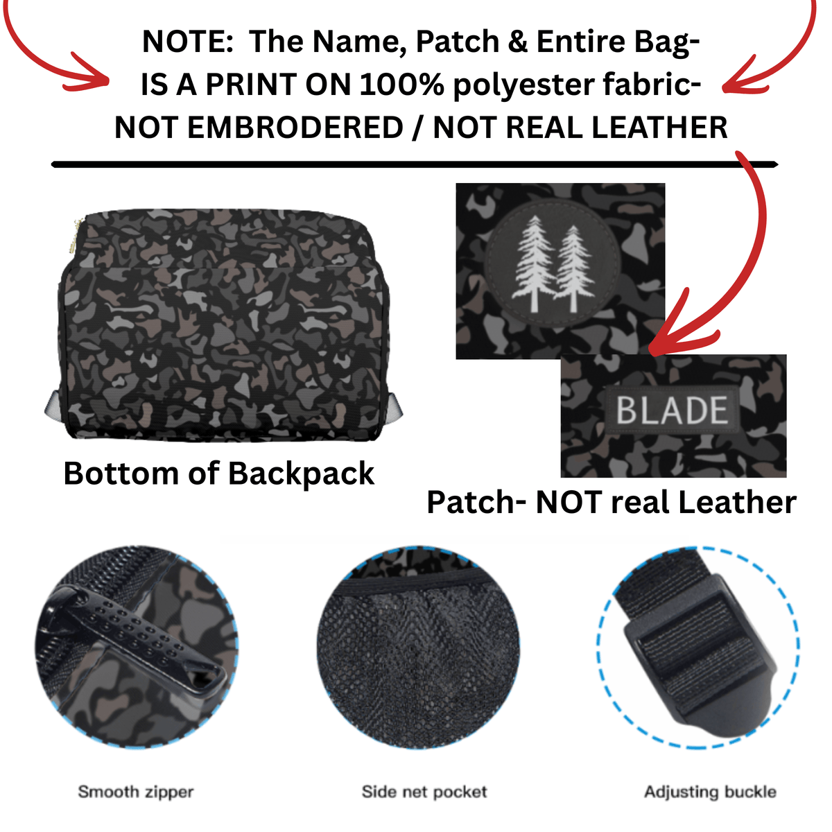 Custom Backpack Boys Personalized Name Black Camo Pattern School Bag Design Front Detail Durable Polyester Fabric Multiple Compartments Storage Travel Carry On Perfect Gift Back To School Kids Supplies Monogrammed Gear Boys
