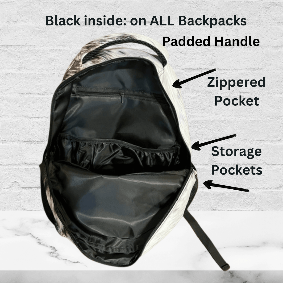 Inside of backpack for boys Black padded handle zippered pocket storage pockets 