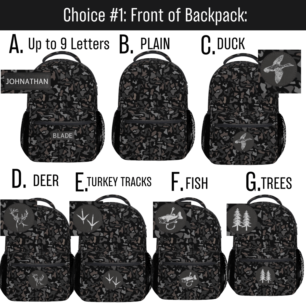 Black Camo Backpack Personalized Boys School Bag Custom Name Front Design Durable Polyester Material Multiple Storage Compartments Travel Carry On Perfect Gift Back To School Supplies Kids Monogrammed Gear Daily Use Bag Outdoor