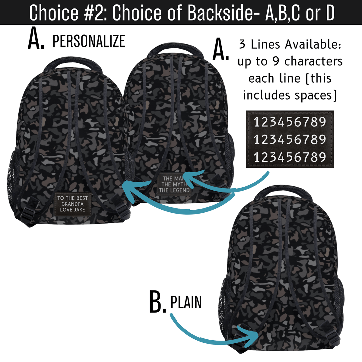 Boys Personalized Backpack Custom Name Design Black Camo School Bag  Detail Multiple Storage Pockets Durable Construction Travel Carry On Bag Perfect Back To School Gift Kids Gear Monogrammed Style Outdoor Activities Daily Use