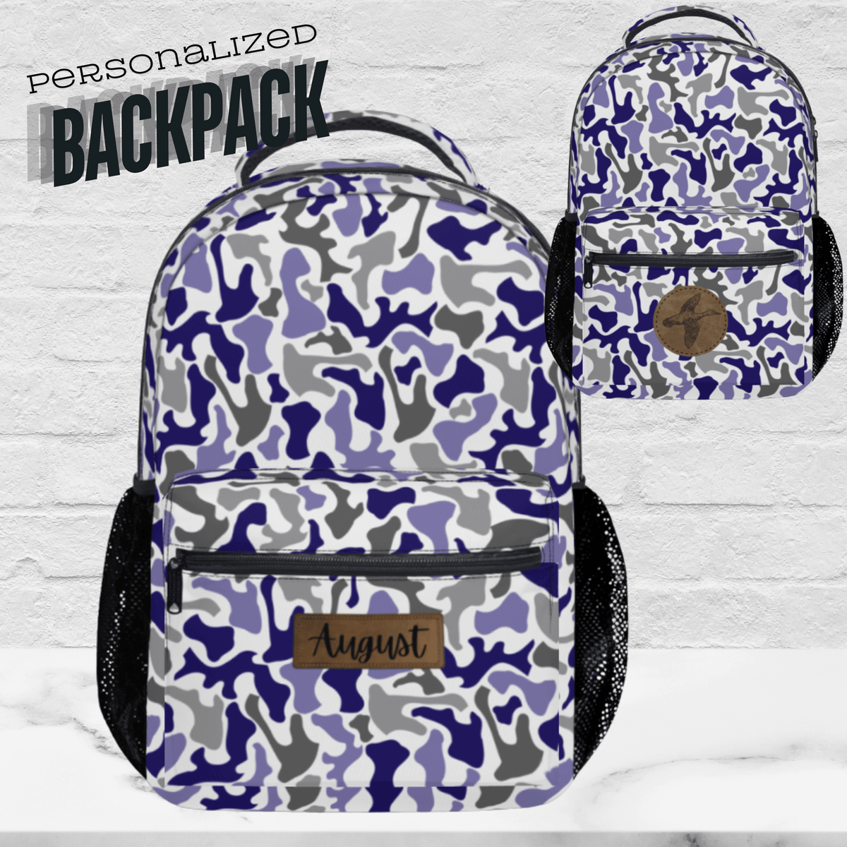 Personalized Kids Backpack Custom Name Blue Camo School Travel Bag Boys Outdoor Adventure Durable Polyester Perfect Birthday Gift Back To School Essential Daily Use Camouflage Pattern Hunter Theme Unisex Design Multiple Compartments Student