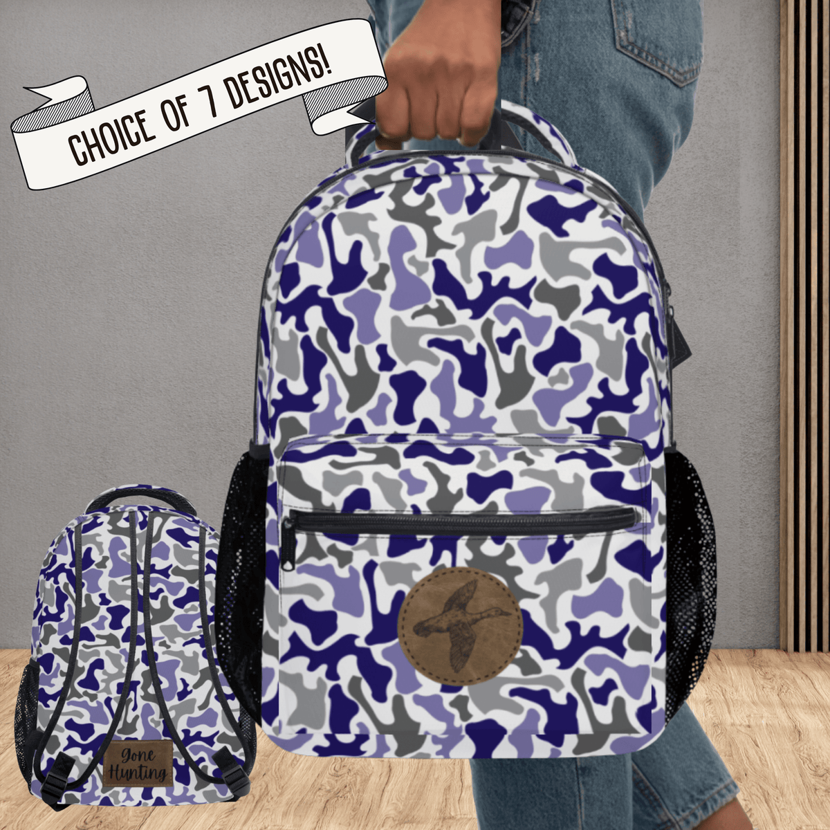 Personalized School Book Bag Boy Girl Backpack Kids Custom Name Design Blue Camouflage Hunter Country Theme Outdoor Style Multiple Compartments Zippered Pockets Durable Polyester Construction School Travel Camping Hiking Adventure Daily Use Boys Girls Unisex Design