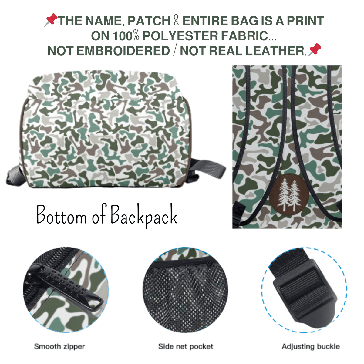 details on duck camo print school bag