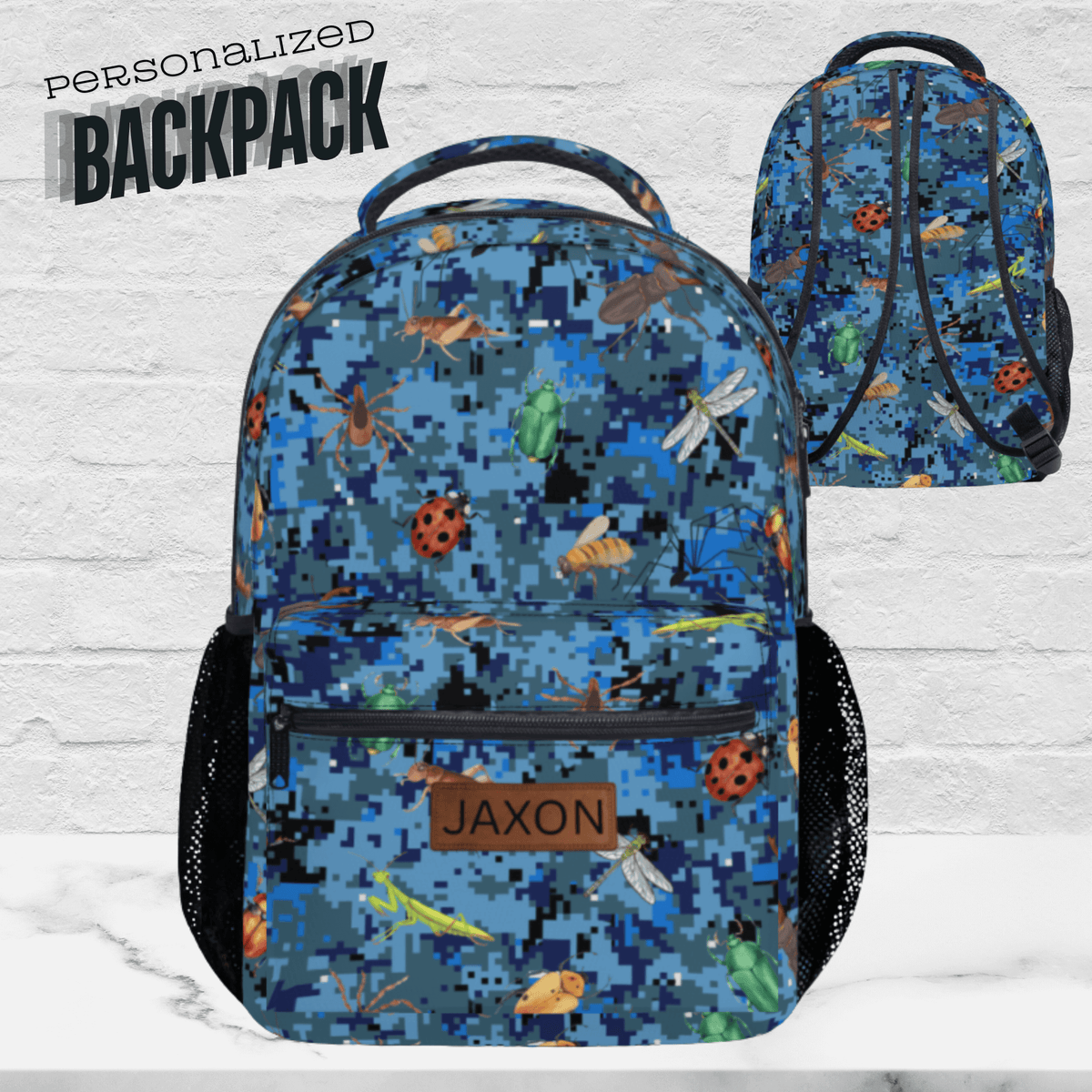 Bug Backpack for Boy, Personalized Blue Camo School Bag Kids