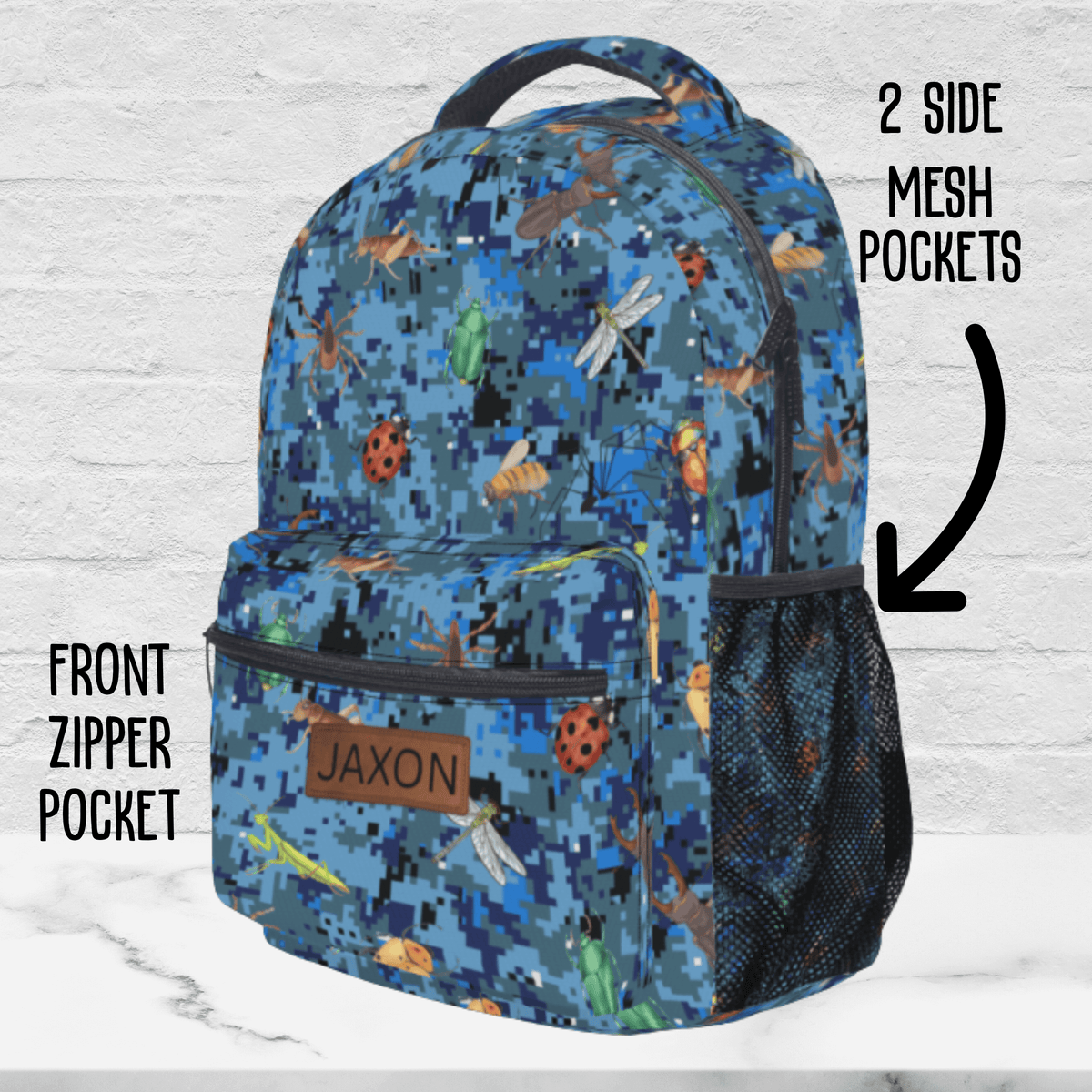Bug Backpack for Boy, Personalized Blue Camo School Bag Kids