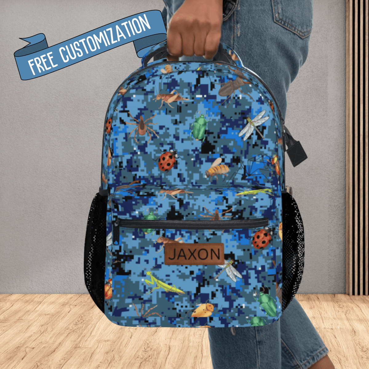 Bug Backpack for Boy, Personalized Blue Camo School Bag Kids