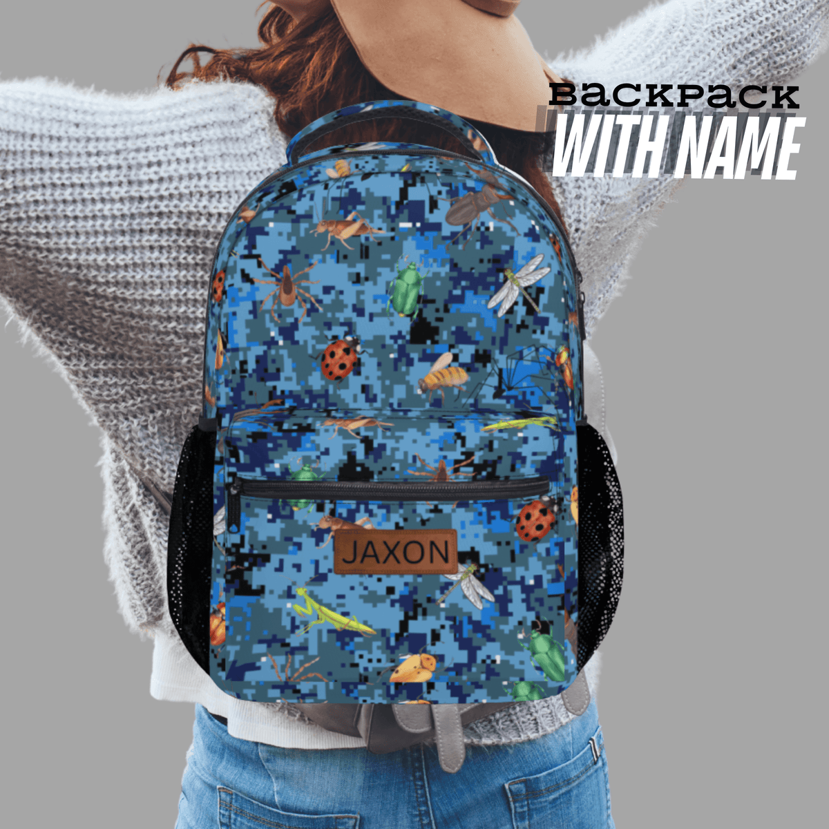 Bug Backpack for Boy, Personalized Blue Camo School Bag Kids