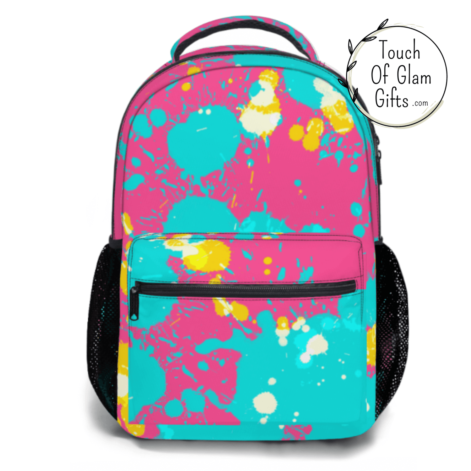 backpacks for kids. This pink and turquoise paint splatter with dabs of yellow is a one of a kind backpack.