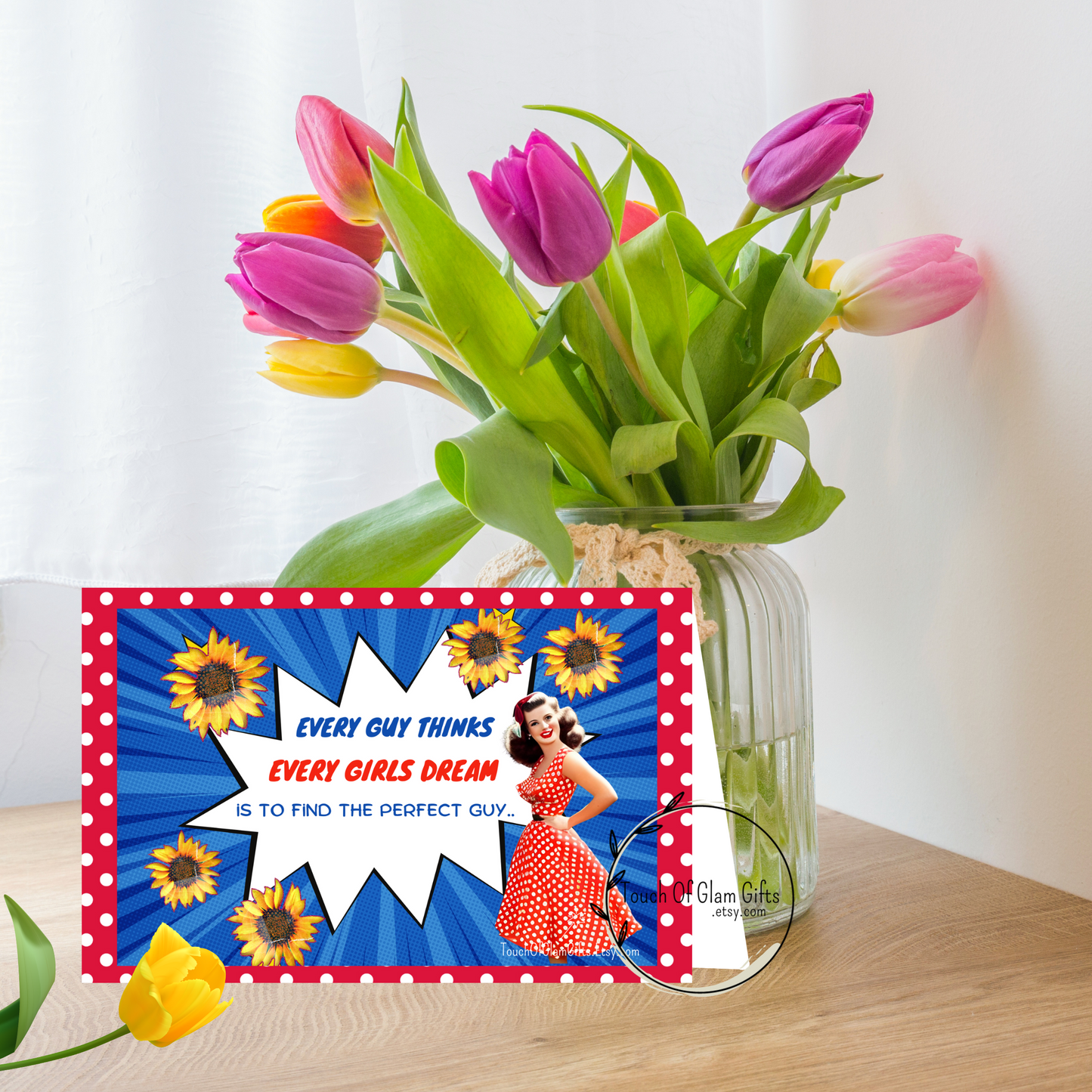 our vintage feel card for her is shown with a vase of tulips.