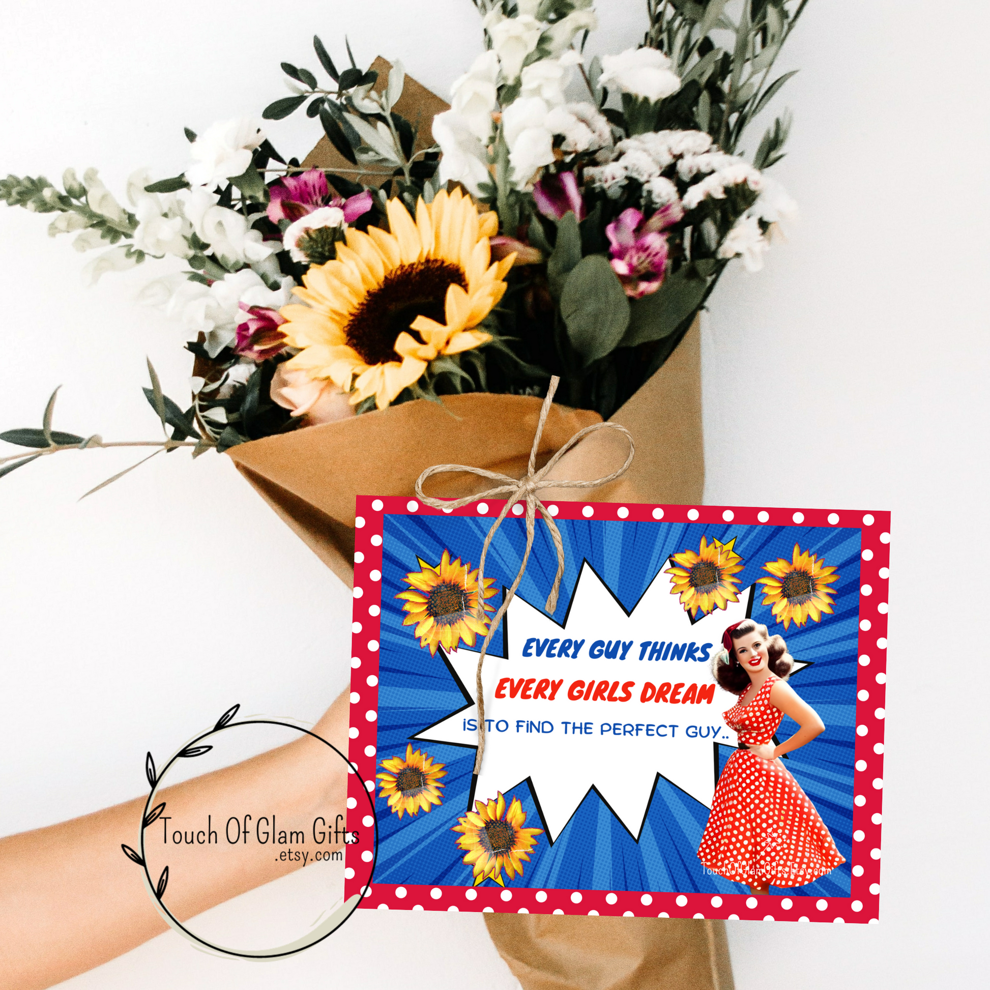 Give a bouquet of flowers and download and print our funny birthday card for your female friend.