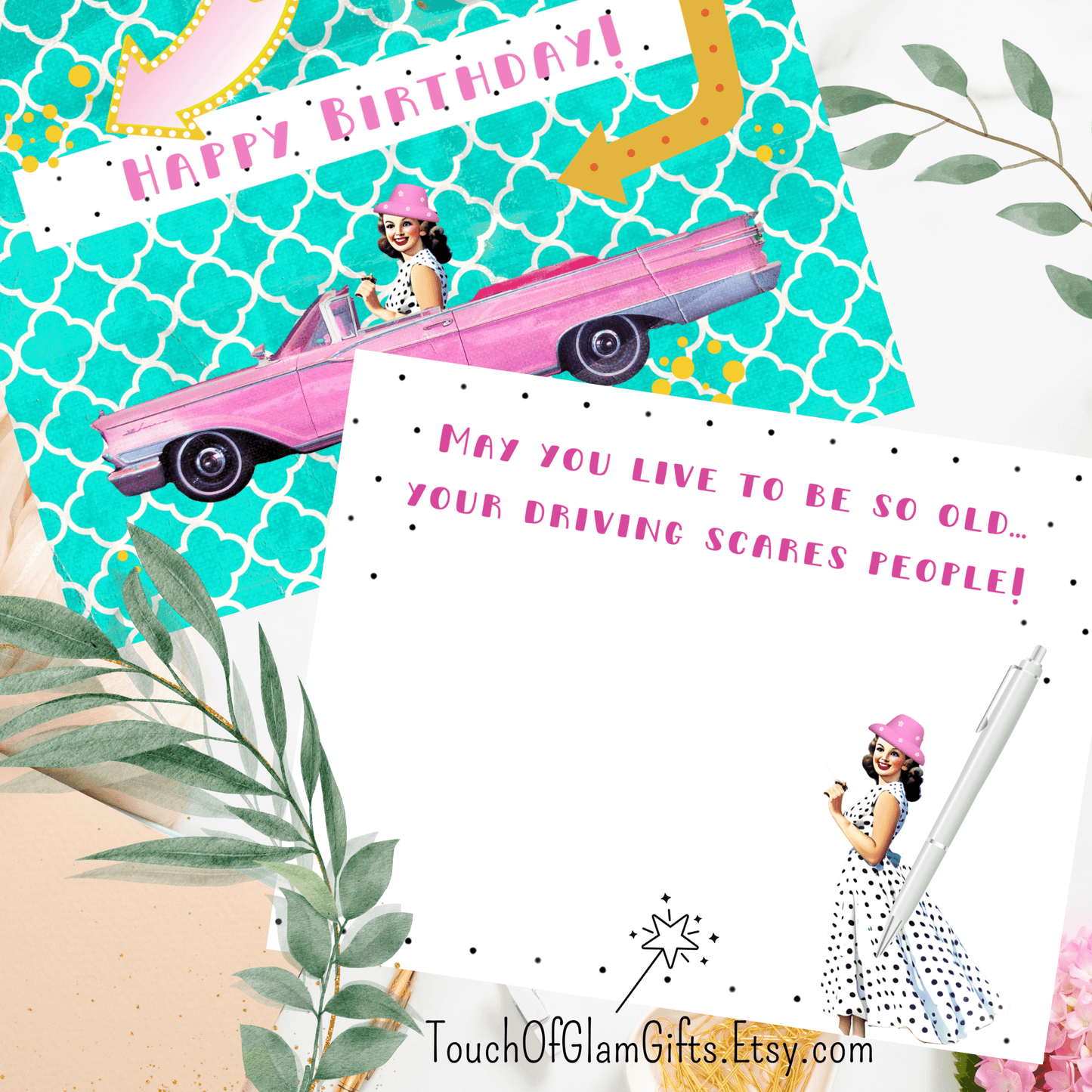 Birthday Card Printable: Funny Vintage Pink Cadillac