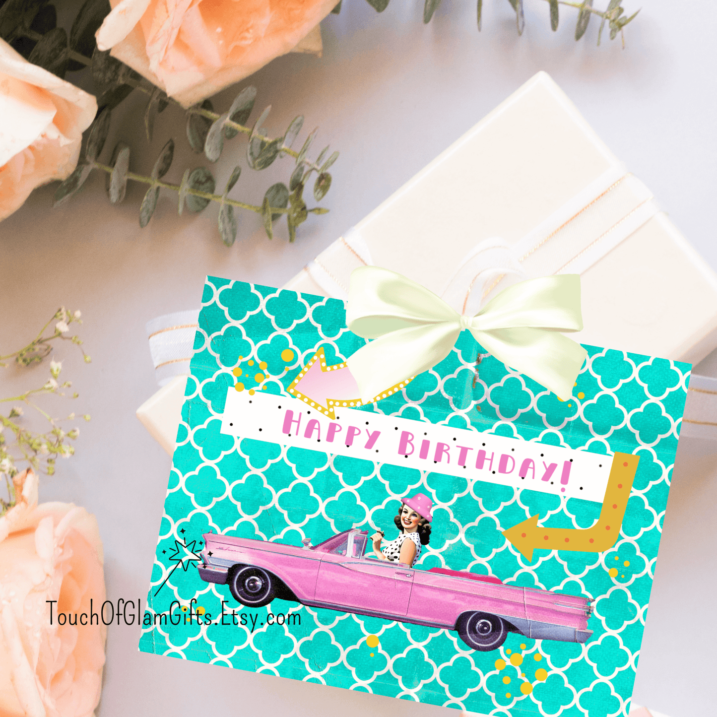 Birthday Card Printable: Funny Vintage Pink Cadillac