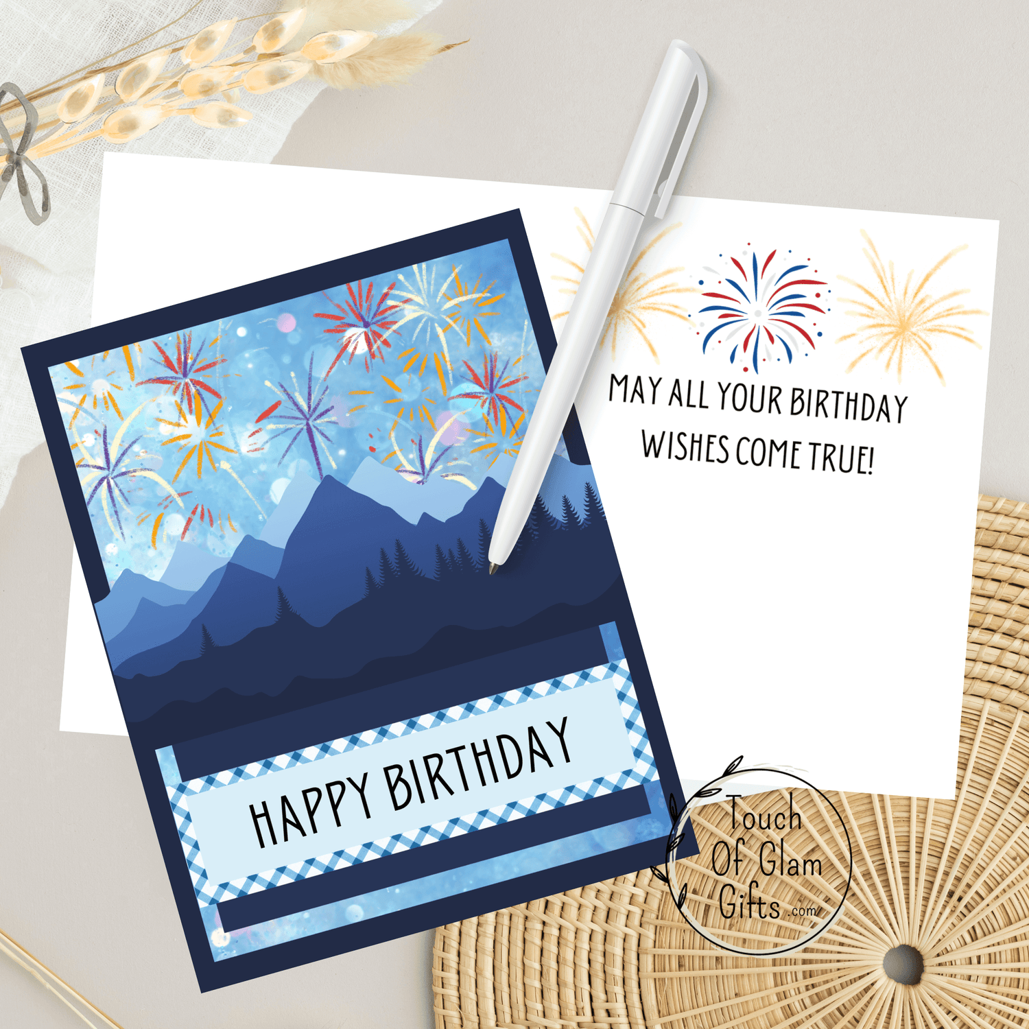 Get this free printable happy birthday card for men or guys with fireworks in a custom pattern.