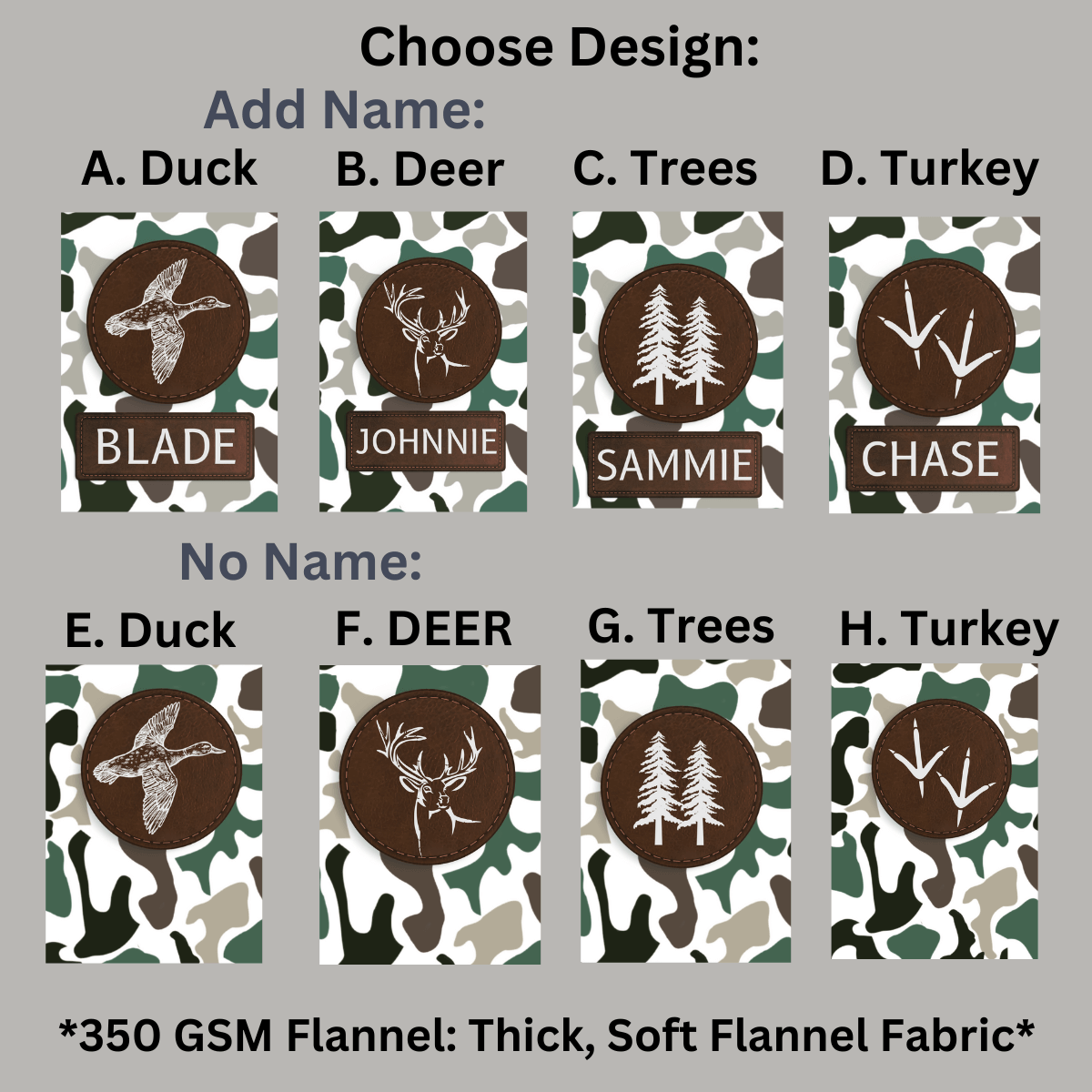 Choose design for your camo ultra soft premium fleece minky throw blanket for him. Choose from Duck, Deer, Trees or turkey tracks. Choose to add your name below the printed patch also.