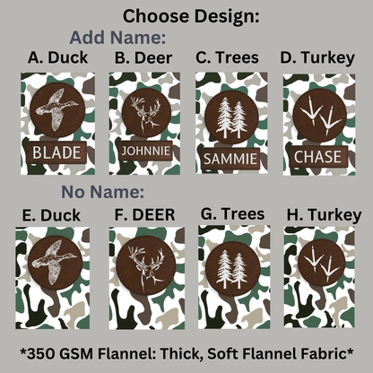 Choose design for your camo ultra soft premium fleece minky throw blanket for him. Choose from Duck, Deer, Trees or turkey tracks. Choose to add your name below the printed patch also.