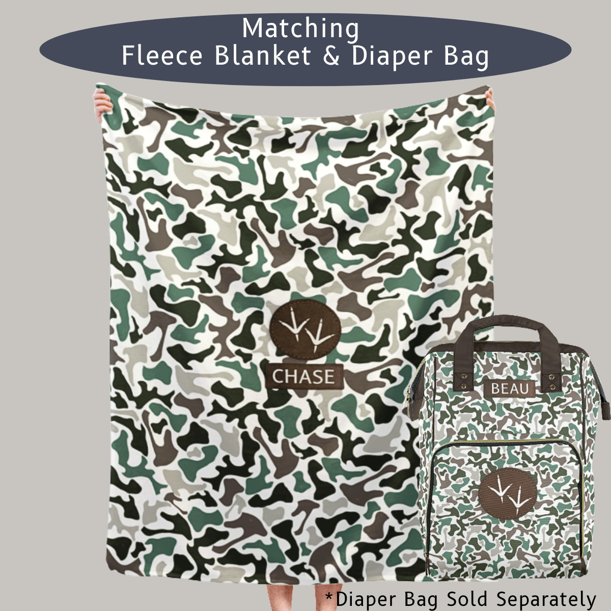 Baby Shower Gift Personalized Blanket and our matching camo diaper bag sold separately. Custom Name Camo Design Hunting Nursery Keepsake Deer Antler Pattern Woodland Baby Decor Soft Fleece Material Cozy Kids Throw Nature Inspired Baby Gift Outdoor Themed Nursery Bedding Premium Quality