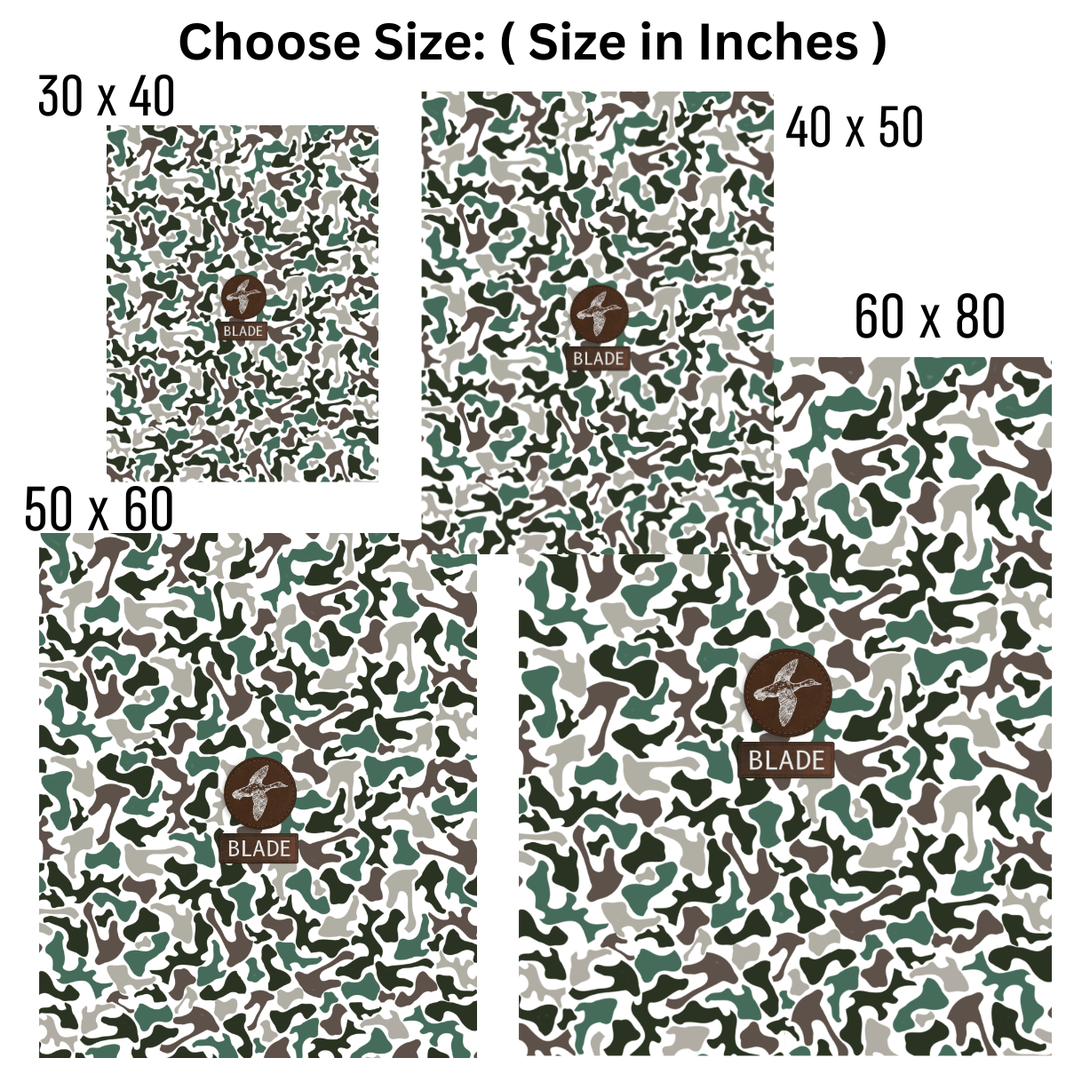 Our camouflage minky blanket comes in 4 sizes