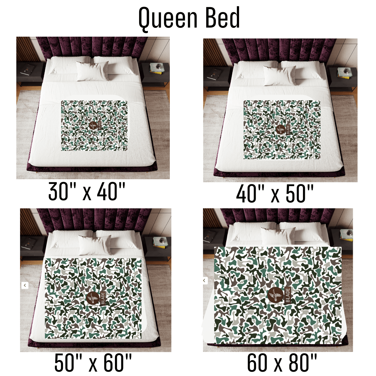 Green camo minky fleece blanket is shown in 4 sizes laying on a queen bed to show the size variance. 