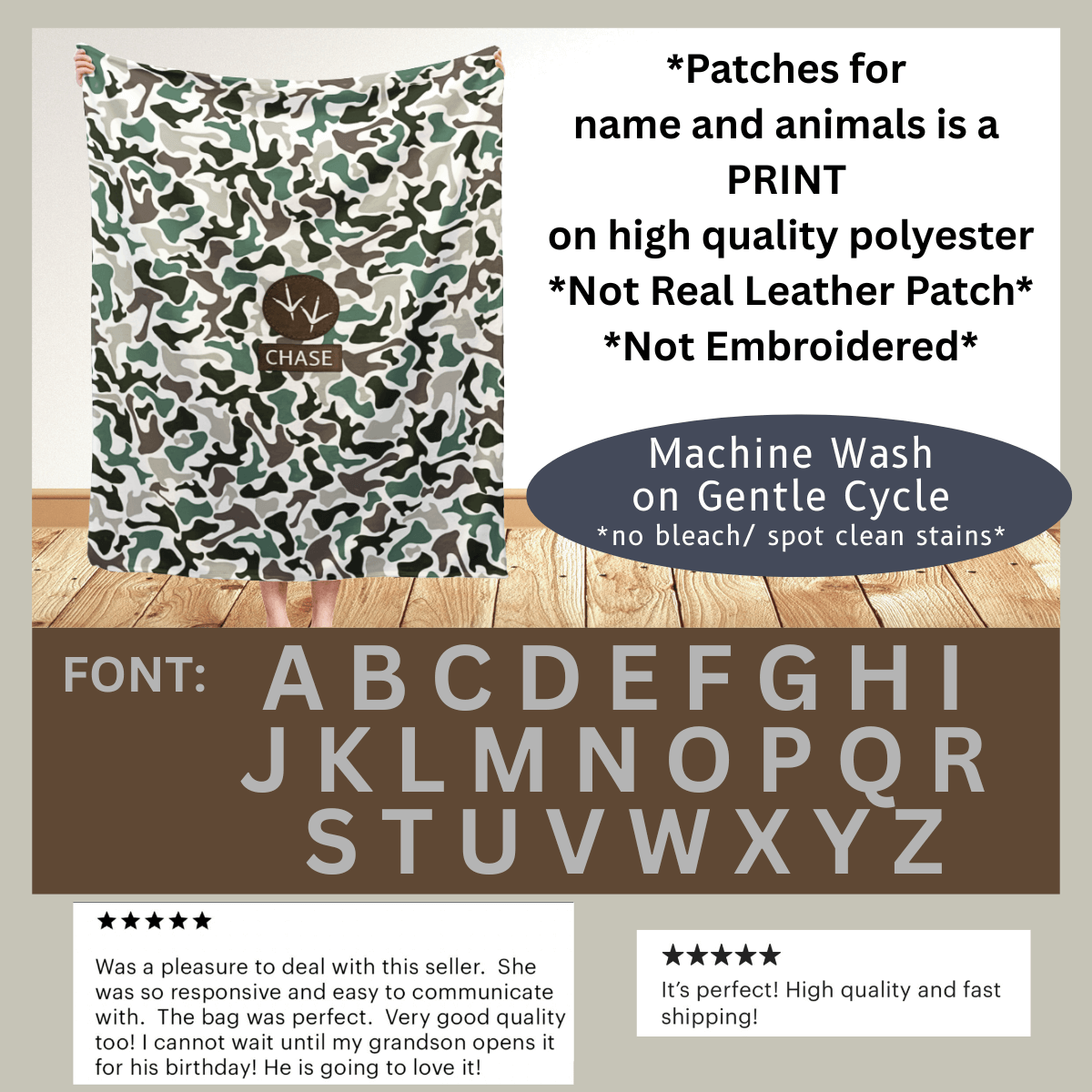 The Patch with name and animals is a print on fabric. Not real leather patch, Not embroidered. It's printed to look like real leather, but its not. The entire alphabet font is capital letters in plain bold font. 5 star reviews
