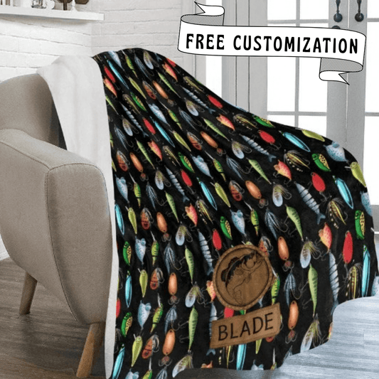 Bass Fishing Blanket Custom Name Patch Design Fishing Lure Pattern Collection Black Fleece Background White Backing Ultra Soft Material Premium Fisherman Gift Perfect Dad Present Personalized Emblem Details Cozy Outdoor Essential Micro