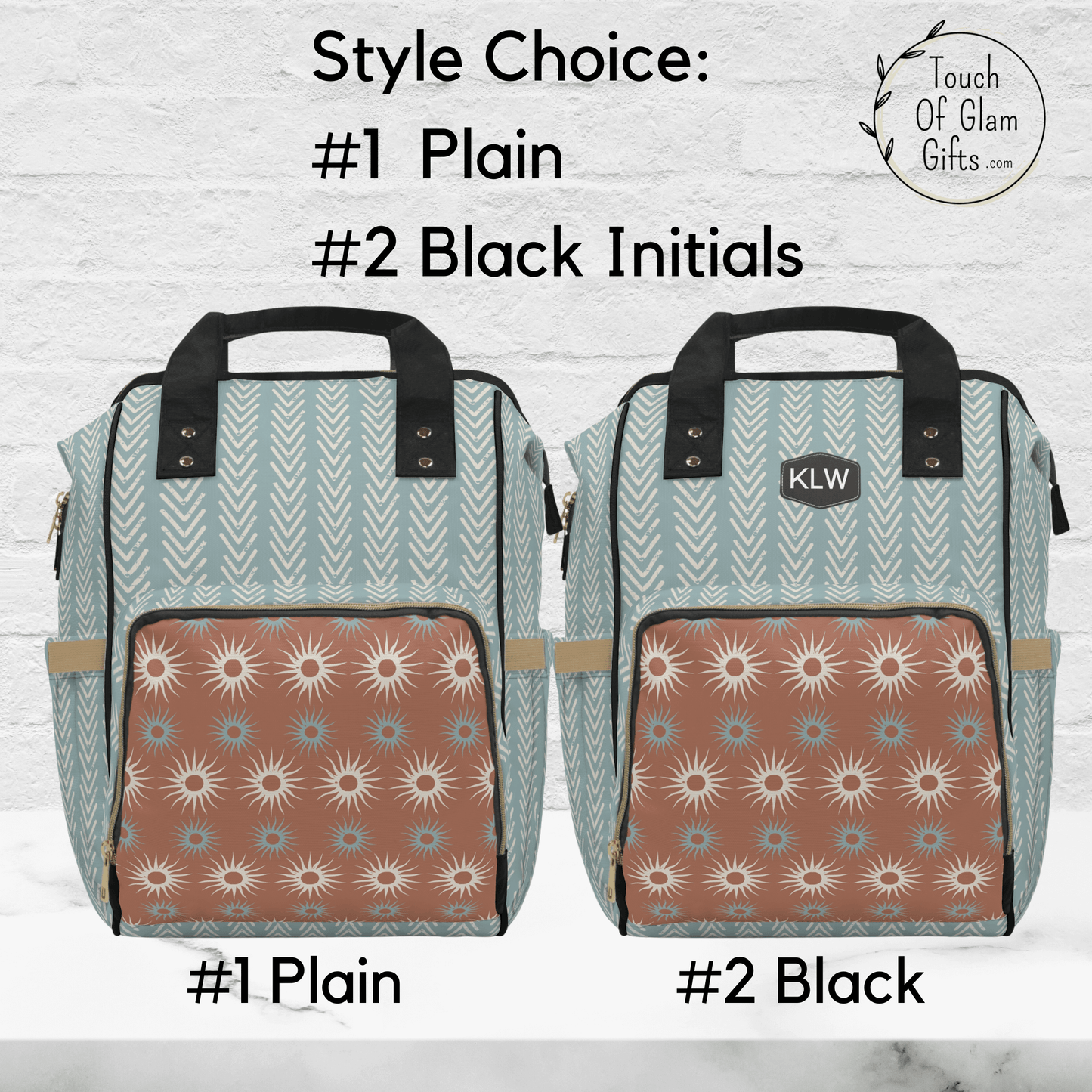 Choose to keep your boho diaper bag plain or add monogrammed initials, up to three. The initials are printed on a black printed patch by the black handles.