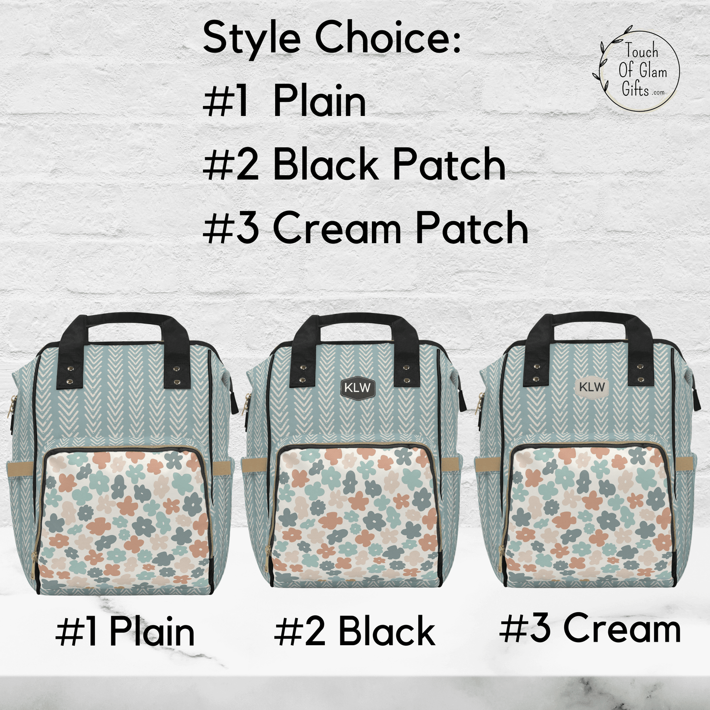Style choice for personalizing your boho diaper bag are Plain, black patch with white Initials or cream patch with black initials. This custom bag is the perfect gift for new moms.