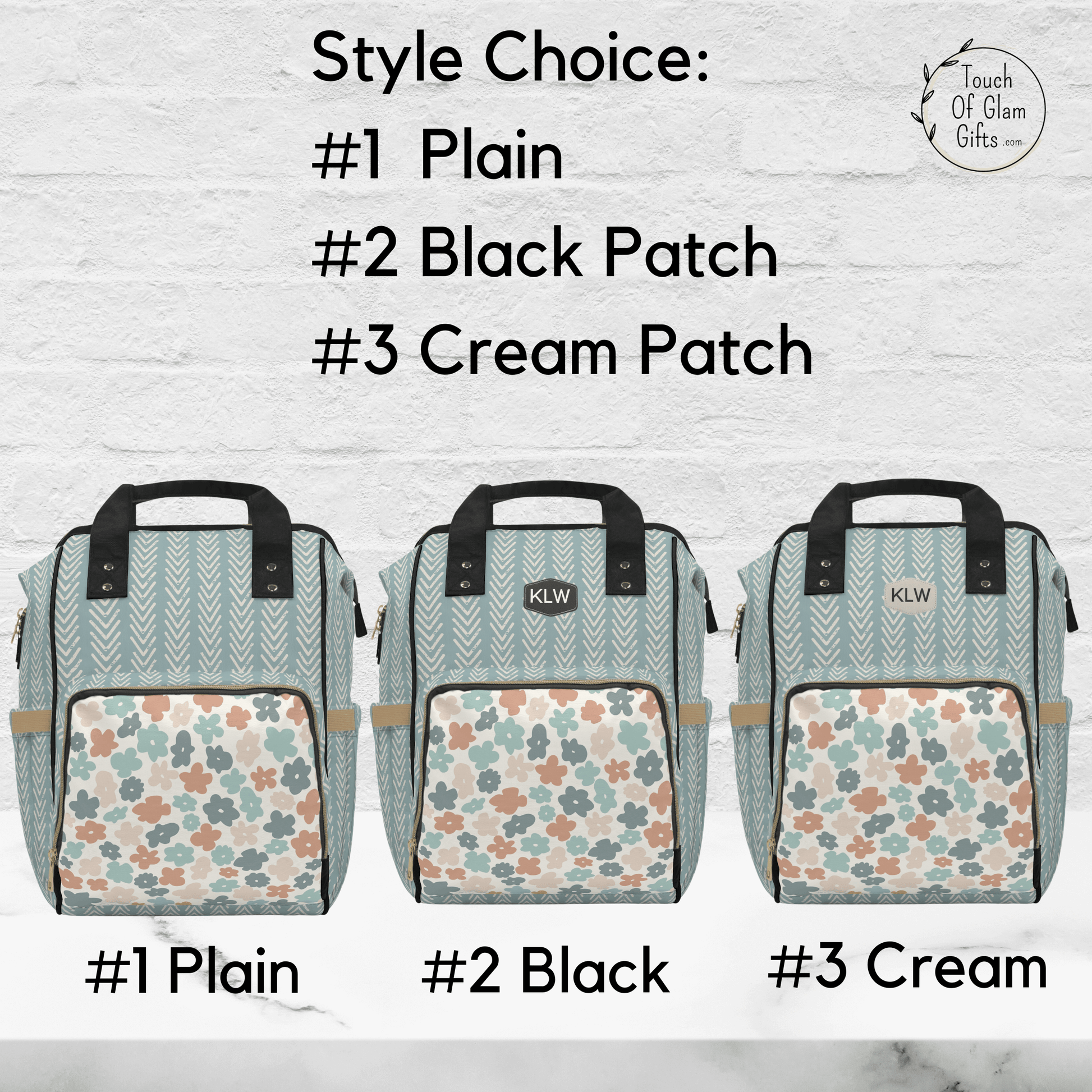 Style choice for personalizing your boho diaper bag are Plain, black patch with white Initials or cream patch with black initials. This custom bag is the perfect gift for new moms.
