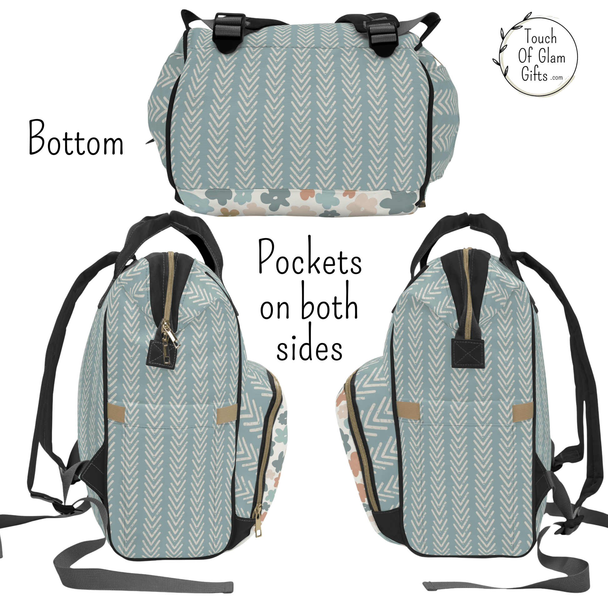 The bottom of our boho diaper bag has the sage green arrow print and both sides of the travel backpack have large pockets for water bottles.