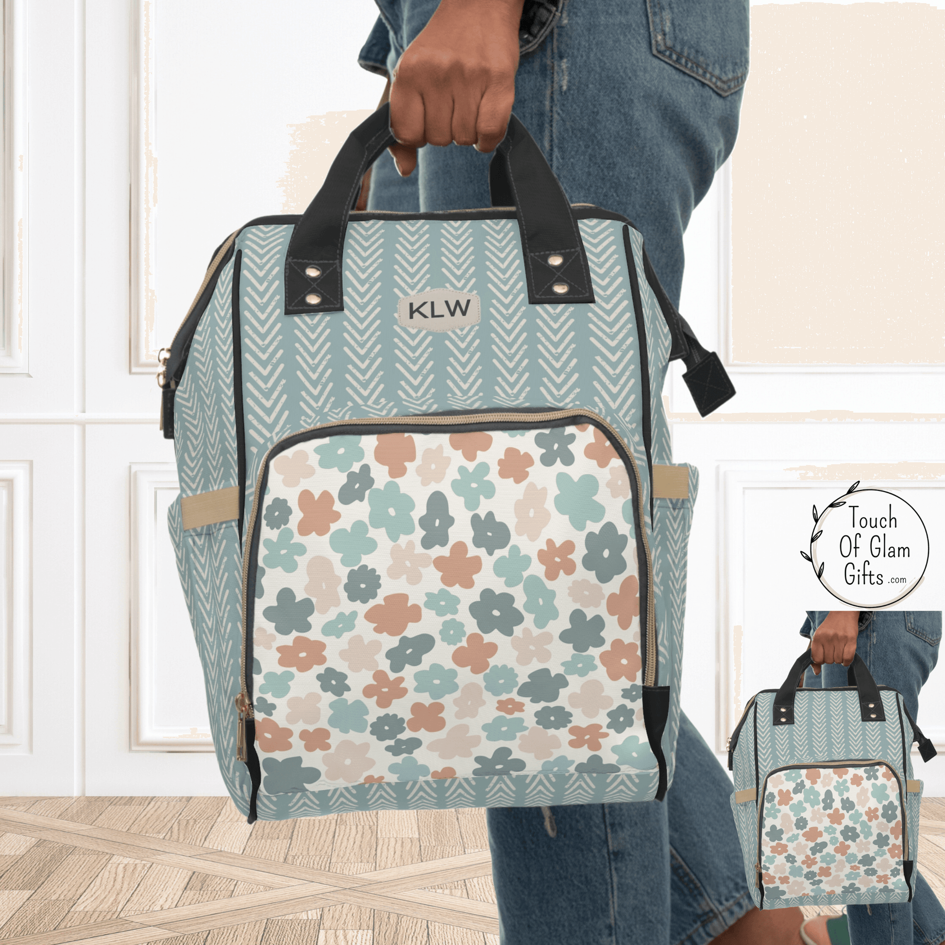 Our boho diaper bag has a sturdy carrying handle on the top and is shown in the plain version, with no monogramming, and the cream color patch with three initials for the perfect personalized baby gift.