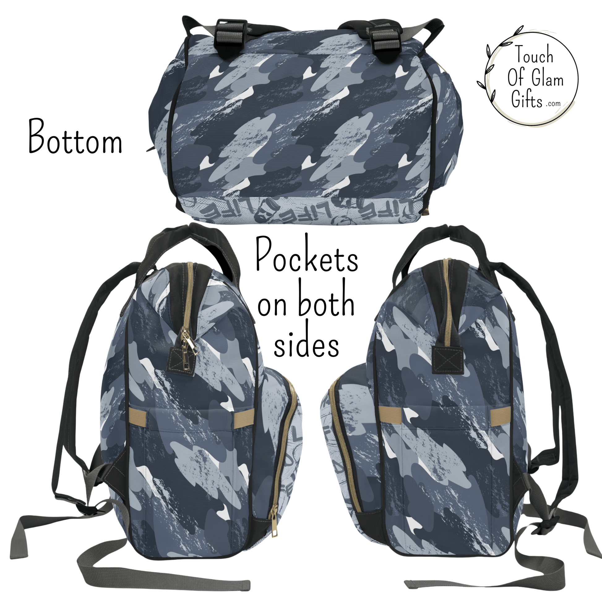 Up close view of the bottom and sides of the camo backpack for men, shows the blue camo print on all sides and exterior side pockets for water bottles or baby bottles. 