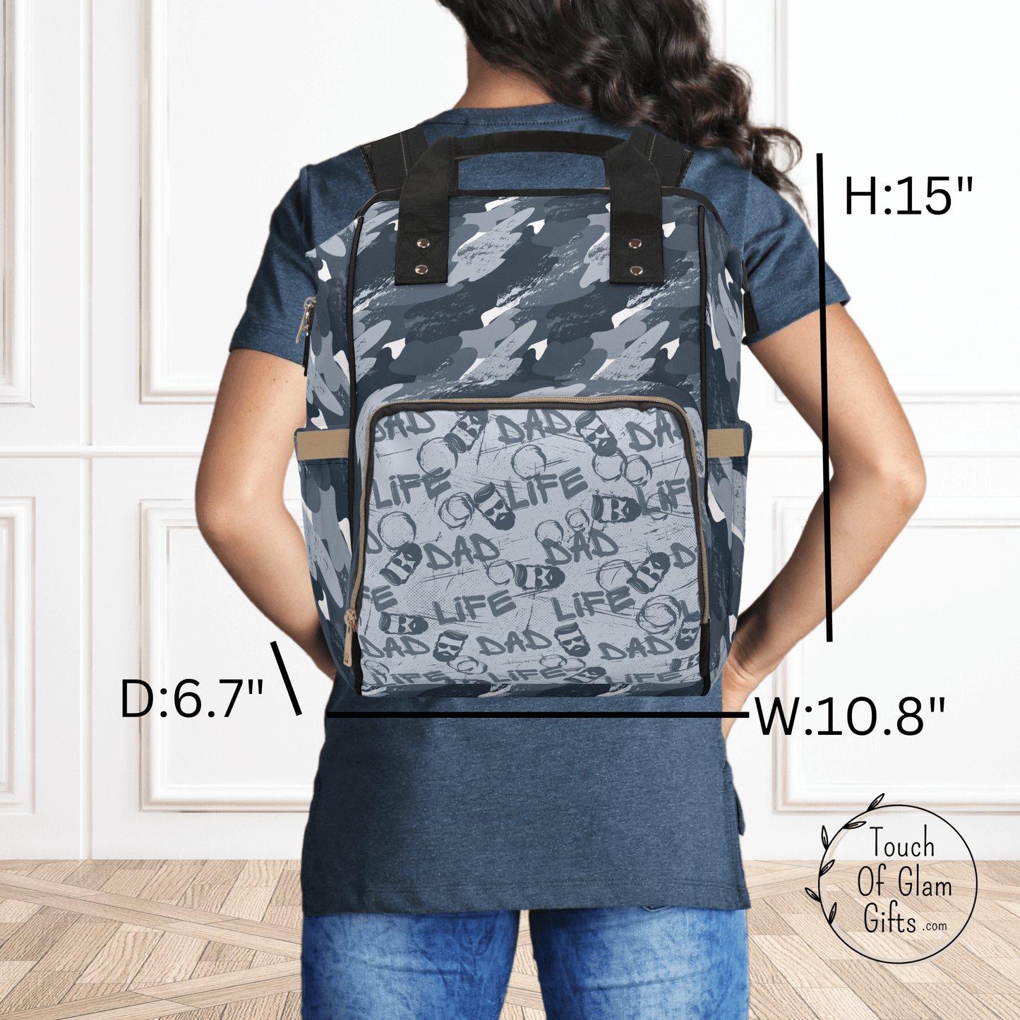 The measurements of our diaper bag backpack for dads is fifteen inches tall, almost eleven inches wide and six point seven inches deep. This bag is the perfect travel bag for dads on the go.