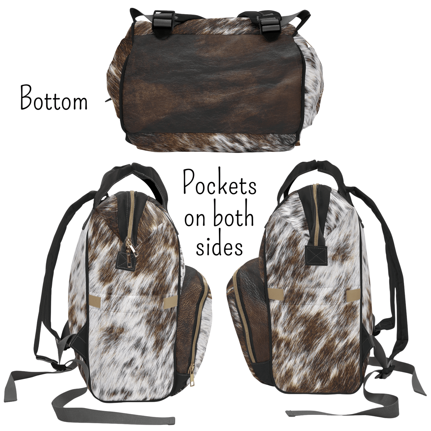 The bottom of the backpack is dark brown printed leather and the exterior sides show a combination of brown cowhide print and faux leather with large side pockets for large water bottles.