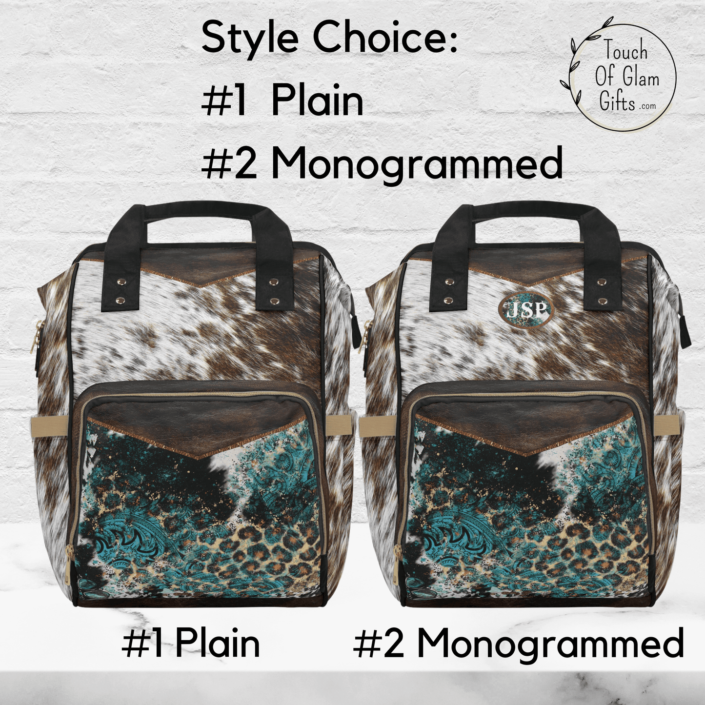Style choices for our western diaper bag backpack is plain or monogrammed. The monogrammed patch matches the turquoise animal print on the front pocket.