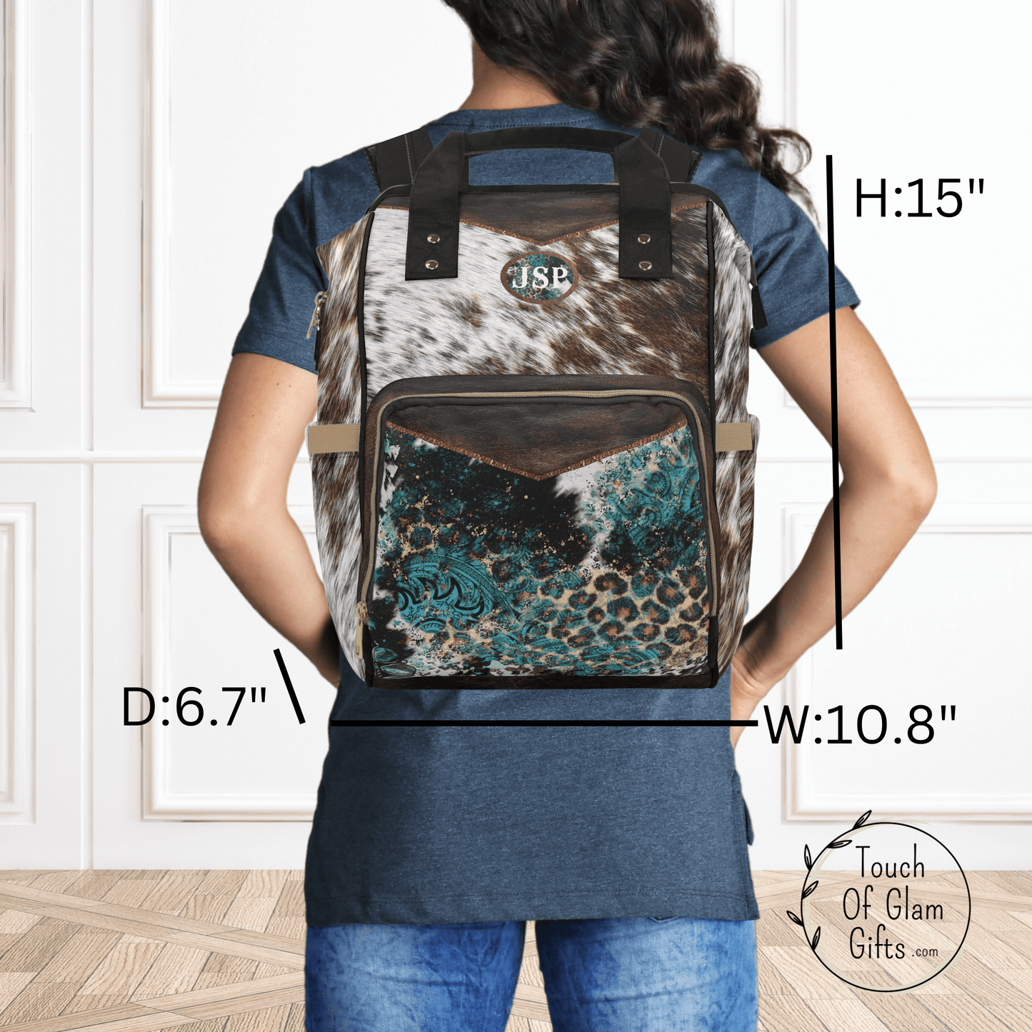 Personalized Cowhide Print Diaper Backpack, Custom Cow Print Baby Bag, Southwestern Travel Bag, Monogrammed Backpack, Cowgirl Bag