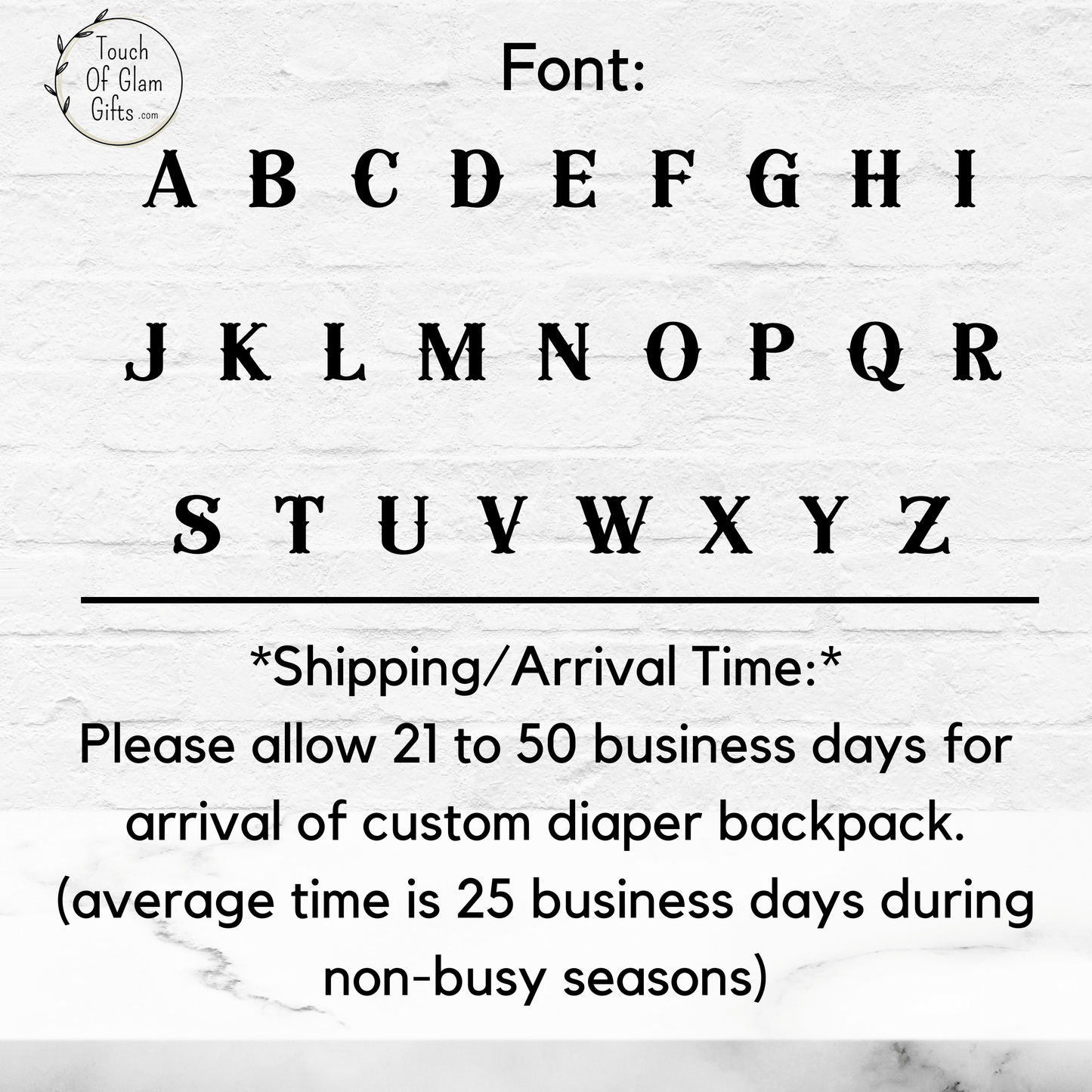 Our monogrammed font alphabet is a western style showing all the letters. average arrival time is twenty five days.