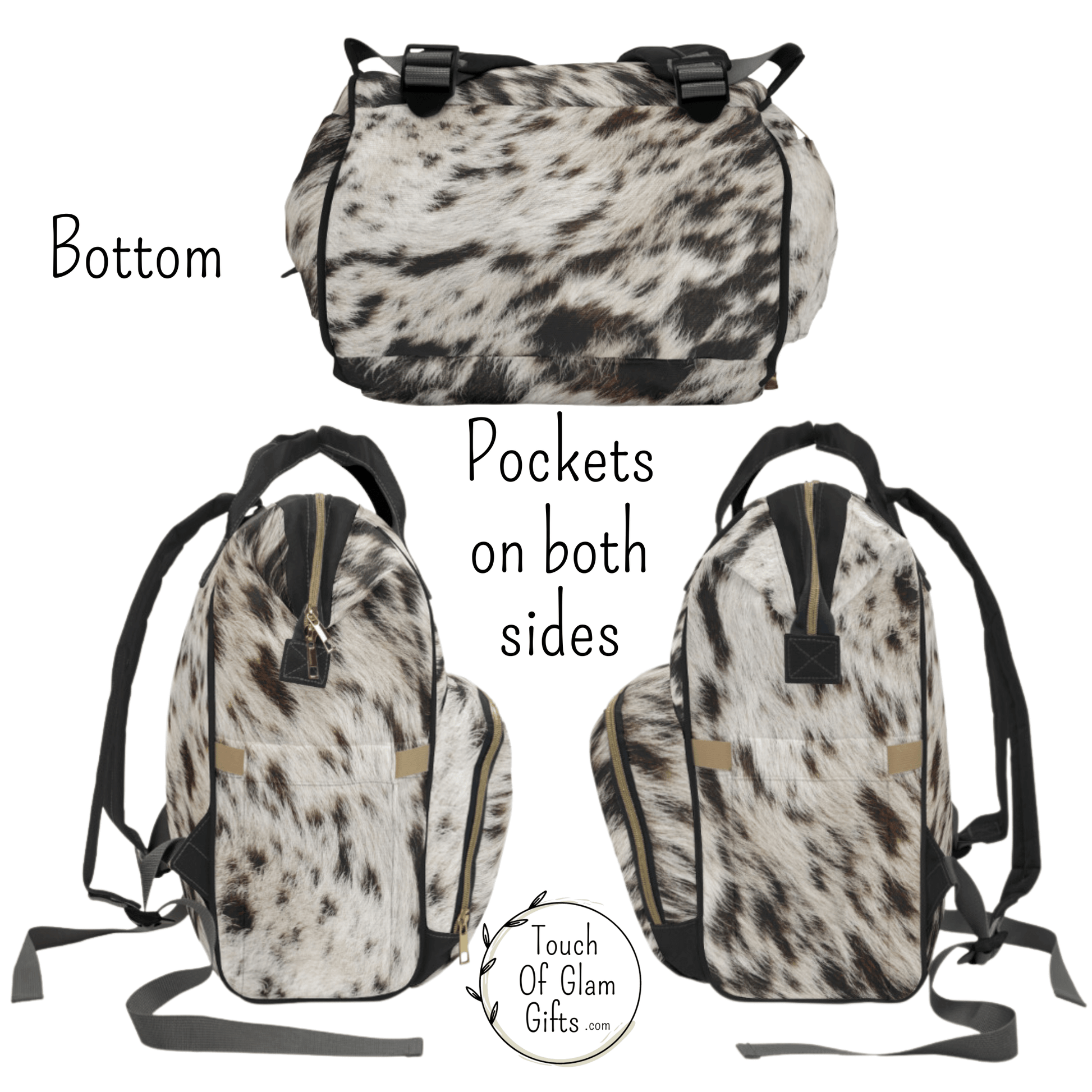 The bottom of the cow print backpack had cowhide print and both sides have pockets on the exterior for holding water bottles or baby bottles.