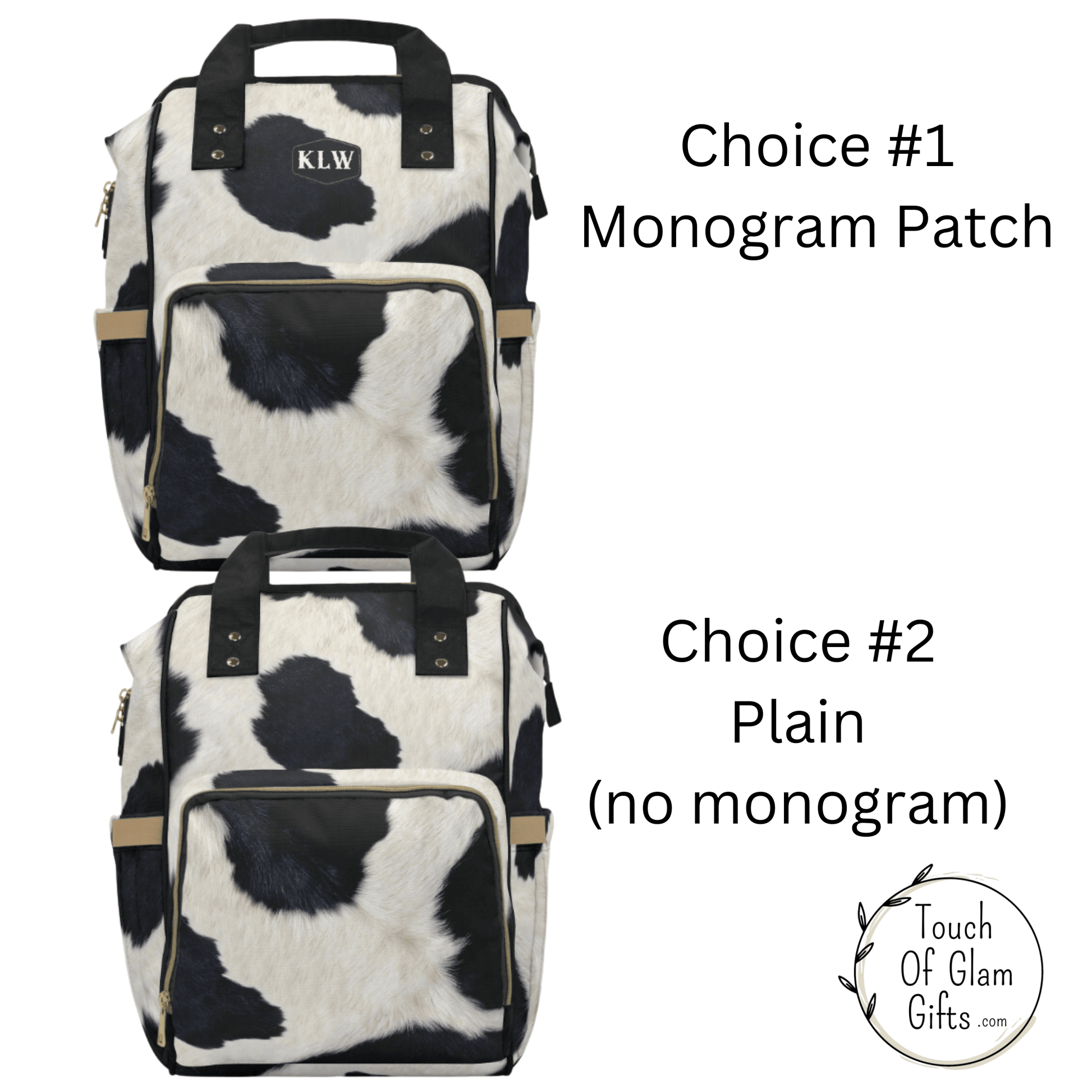 You can choose to get a monogrammed patch with up to three initials or enjoy the cow print backpack plain with no monogram.